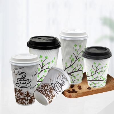 China Single Wall Biodegradable Disposable Compostable Ripple Corrugated Paper Cup Customized Disposable Corrugated Paper Cup With Lid Cover for sale