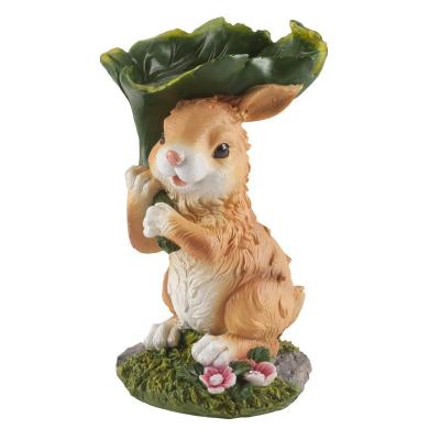 China Europe Resin Rabbit With Leaf Statue Rabbit Figurine Bird Feeder Lawn Art Garden Decoration for sale