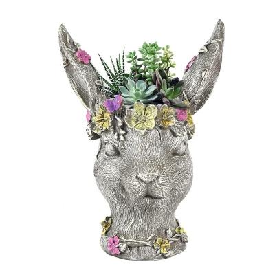 China Lovely Europe Figurine Ornament Plant Container Resin Rabbit Head Animal Planter for sale