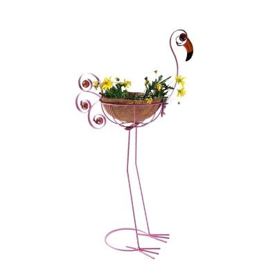 China Country Metal Flamingo Flower Planter with Decorative Basket Pots Containers Stand, Pink Flamingo Bird Planter for sale