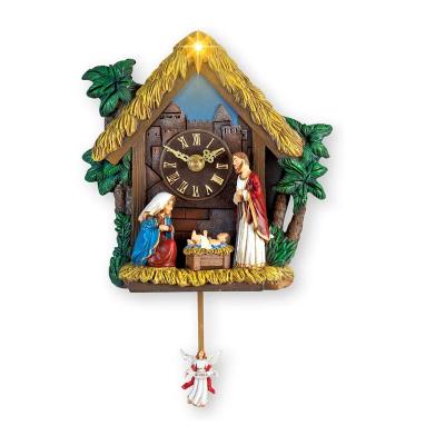 China Antique Style Polyresin Nativity Hand Painted Musical Religious Wall Clock for Home Decoration for sale