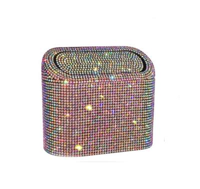 China Luxury Fancy Bling Diamond Car Hanging Bin Storage Box Backseat Bin Storage Box Diamond Car Trash Can With Lid for sale