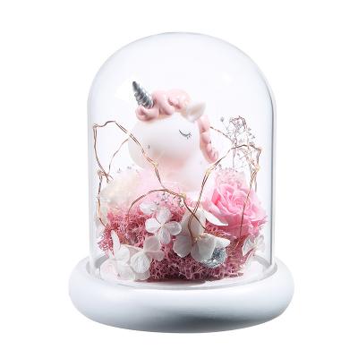 China Real Preserved Flower Christmas Birthday Gift Romantic Preserved Eternal Roses Rose Flower in Flower Glass Unicorn in Glass Dome for Valentine Day for sale