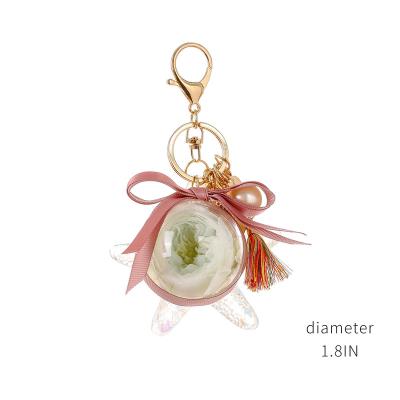 China decorative flowers & Garlands Women Bag Transparent Cute Ball Unique Real Rose Flower Acrylic Key Ring Preserved Key Chain For Birthday Gift for sale