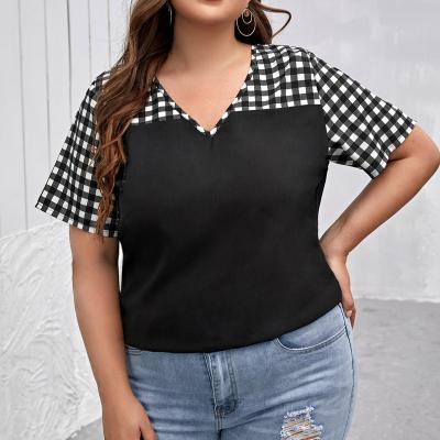 China Plus-size black and white women's breathable plaid short-sleeved tops new fashion women's spring women's tops for sale