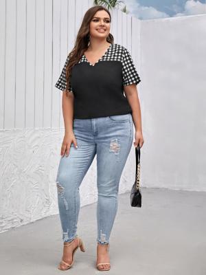 China Plus-size black and white women's breathable plaid short-sleeved tops new fashion women's spring women's tops for sale