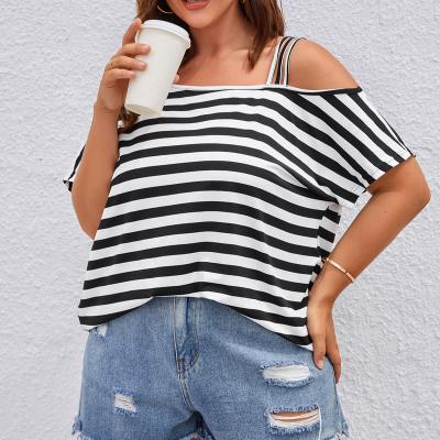 China New Style Diagonal Collar Breathable Wide Striped T-shirt Women's Short Sleeve One-Shoulder Top for sale