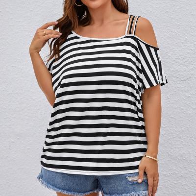 China New Style Diagonal Collar Breathable Wide Striped T-shirt Women's Short Sleeve One-Shoulder Top for sale