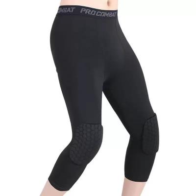 China Breathable Fitness Yoga Wear Gym Pants Polyester Basketball Compression Tight Men Cropped Leggings with Knee Pads for sale