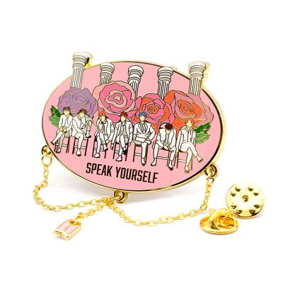 China USA customized metal sliding bangtan boys lapel pin spin badge custom logo kpop hard enamel pin with chain for sale