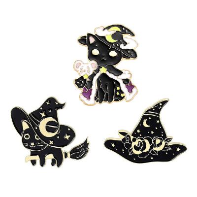 China USA Dropshipping Black Cat Lapel Pin Custom Cute Metal Pin Badge Witchy Enamel Witch Pin for sale