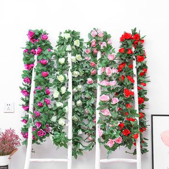 China Durable Artificial Silk Roses Flower Vine Ivy Hanging Rose Garland Wedding Decorative Plastic Home Wall Decoration Faux Plants Grow Leaves for sale