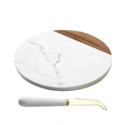 China Customized Minimalist Acacia Wood Chopper Cheese Cake Household Marble Splicing Cutting Board With Cheese Knife Set for sale