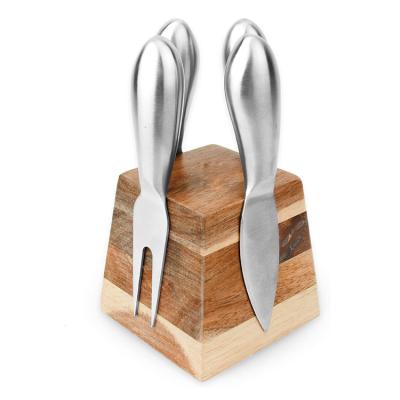 China Factory Amazon Sustainable Hot Sale 4 Stainless Steel Small Cheese Knives And Fork With Magnetic Acacia Wood Holder for sale