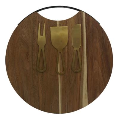 China Customized Sustainable Small Round Acacia Wooden Cheese Cutting Board With Handle for sale