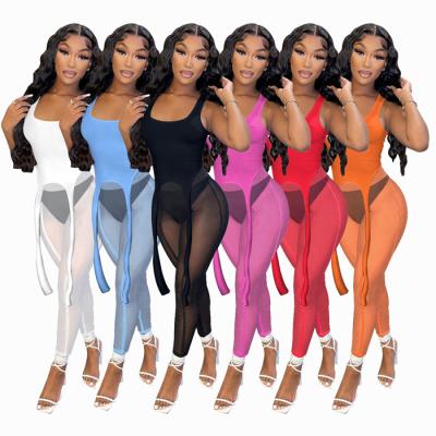 China Mesh See Through Sexy QUICK DRY 2 Piece Set Crop Streetwear Pants Gear Two Piece Set High Waist Sleeveless Gaiters Top for sale