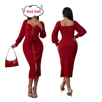 China 2022 Spring Autumn Sexy V-Neck Breathable Women Ribbed Long Sleeve Slit Elegant Knit Midi Dress Club Knitted Elegant Burgundy Casual Dresses for sale