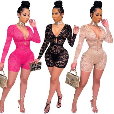 China 2021 Autumn Hot Sale Women's Sexy Sleeve Shorts QUICK DRY Long Lace Up Jumpsuit Women's Hollow Lace Sleepwear Jumpsuit for sale