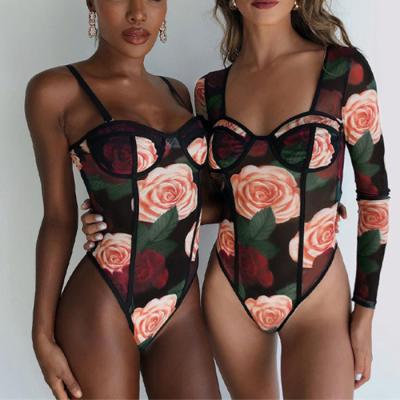 China 2022 Women's Sexy Transparent Corset Mesh Bodysuit Floral Rose Printed Off Shoulder QUICK DRY Off Shoulder Jumpsuit for sale