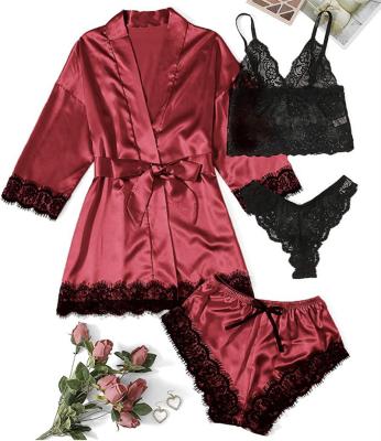 China Wholesale QUICK DRY pajamas and four piece home wear bridal long robe set of 4 pieces lace lingerie bathrobe women sexy luxury silk satin for sale