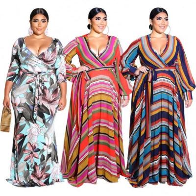 China New Fashion Style Sexy Bohemian Plus Size Women's Plus Size V-neck Long Sleeve Dresses Print Casualwomen Long Sleeve Maxi for sale