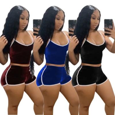 China Custom Logo Ladies Velvet Summer Sleeveless QUICK DRY Two Piece Pajamas Set Side Striped Shorts Sleepwear Pajamas Set for sale