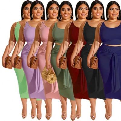 China Casual Suit Hip-wrapped sexy snug QUICK DRY lace-up plus size women solid color clothing vest skirt 2 piece set for sale