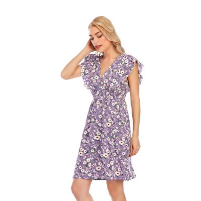 China Breathable Short Sleeve Floral Print V-neck Mini Dress With Waistband Women Short Summer Casual for sale