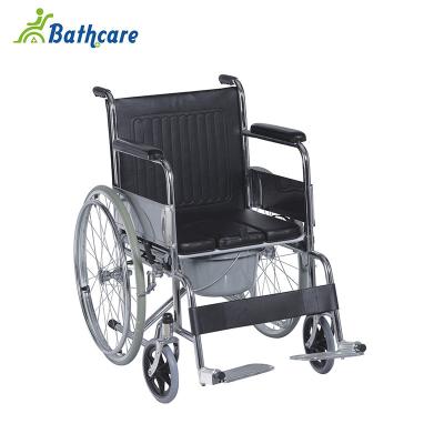 China Padded Wheelchair Steel Frame Manual Seat Manual Comfortable Bedside Commode Wheelchair For Disabled for sale