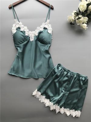 China Breathable Women Pajamas Sleepwear Satin Two Piece Lace Lingerie Set V Neck for sale