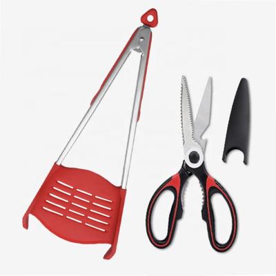 China High Quality Wholesale Stock Stainless Steel 2 In 1 Food Smart Tongs With Kitchen Scissors Spatula And Slice Set for sale