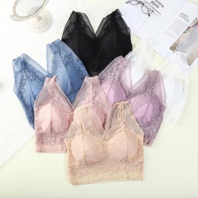 China High Quality High Elastic V-Neck Lace Breathable French Underwear One Piece Gather No Steel Ring Fixed Cup Bra for sale