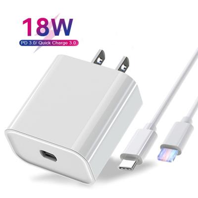 China Mobile Phone Travel Kits USB PD 18W 20W Wall Charger Adapter Quick Type C Fast Charger for iPhone USB C PD Power Charger with Cable for sale