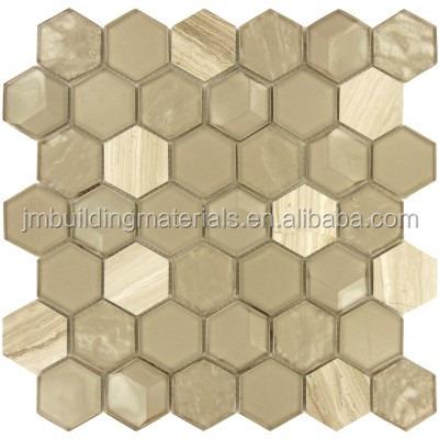 China Modern Nimbus Cloud Taupe Crystal Glass Mix Marble Hexagon Mosaic Tile for sale