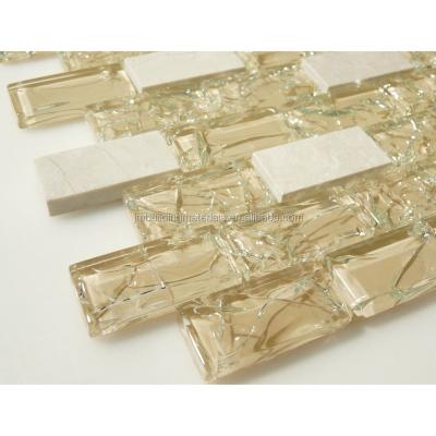 China Modern Beige / Cream Ice Crack Crystal Glass Mix Mosaic Wall Tiles for sale