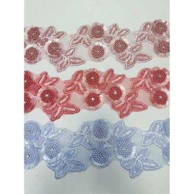 China 3D Polyester Lace Trim Multicolor Embroidered Rhinestone Beaded Trimming Floral Bead Lace Trimmings for sale