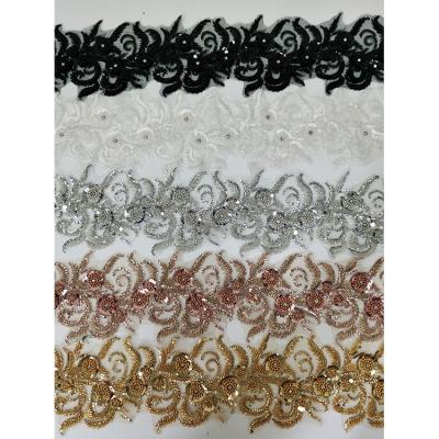 China New Design 3D Ethnic Embroidered Solid Color Gold Trim Rhinestone Beaded Rhinestone Beaded Lace Trim for sale