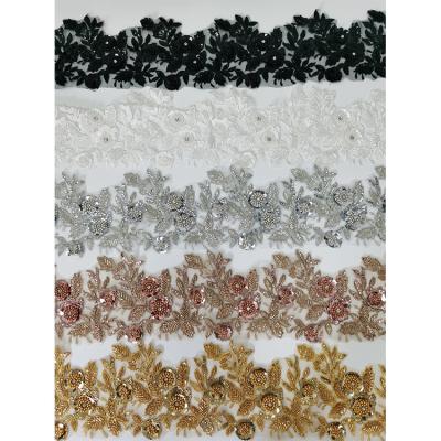 China New Arrival 3D Embroidery Sequin Lace Trim 3D Flower Applique Rhinestone Handmade Applique Trim for sale