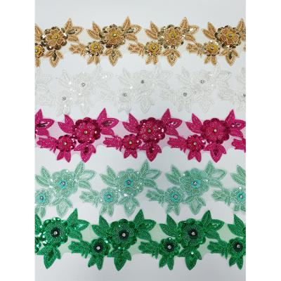 China 3D Dress Accessories Embroidery Rhinestone Lace Trim 3D Flower Trim Rhinestone Applique Handmade Trim for sale