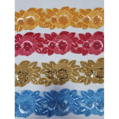 China custom rhinestone 3D sequin trim flower lace polyester 3D floral lace trim embroidery lace trim for apparel for sale