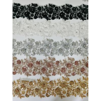 China custom leave 3D sequin pattern lace trim wholesale rhinestone lace trim beaded trimmings for dresses for sale