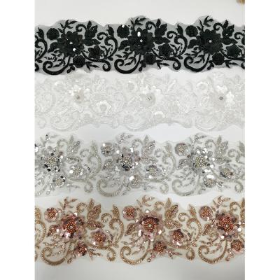 China 3D Embroidered 3D Flower Pattern Trimming Lace Embroidery Designs Gold Sequin Trim Sequins Lace Trim for sale