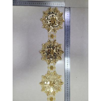 China Multi Design 3D Gold Lace Trim Beaded Embroidery Applique 3D Flower Lace Trim Beaded Sequin Trim for sale