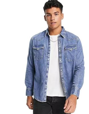 China Wholesale Breathable Customized Logo Mens Long Sleeve Light Wash Slim Fitted Casual Denim Shirts for sale