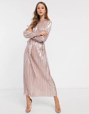 China Midaxi anti-static metallic pleated dress in rose gold women's wedding guest dress for sale