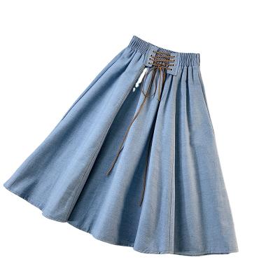 China Hot Selling Plus Size Vintage Denim Women Casual Elastic Waist Tie Knee-Length Skirts for sale