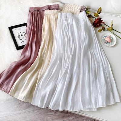 China Earl Shiny Silky Solid Breathable Glass Color High Waist Skirt Gauze Half Skirt Temperament Fairy Soft Wind Elegant Pleated Skirt Long for sale