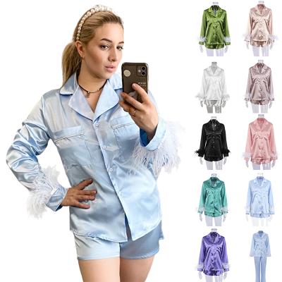 China Comfortable 12 Color Women Long Sheath Shorts Sleepwear Satin Nightgowns Feather Detachable Silk Feather Pajamas Set for sale