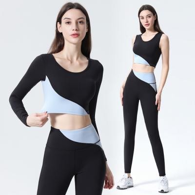 China Breathable Women's Waist Color Block Gym Bra And Leggings Tops Long Sleeve 3 Piece Fitness Sportswear Yoga Head Set for sale