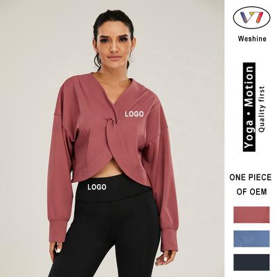 China Breathable Women's Long Sleeve V-Neck Tied Loose Top Breathable Running Sportswear Yoga Jacket Active Fitness Wear for sale